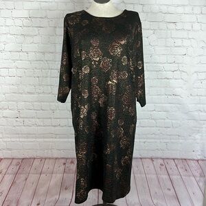 Serengeti Black Bronze Brown Rose Print 3/4 Sleeve Shift Dress Stretch Size 1X
